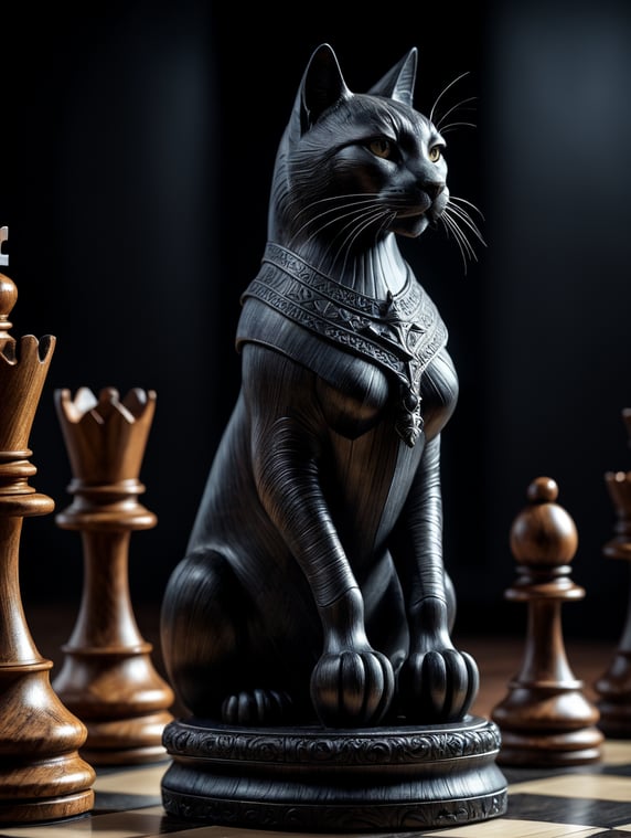 chess figure Queen looks like a cat, made from a black wood, deep carved, stand alone