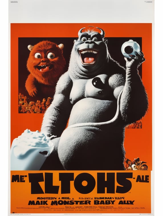 A vintage 1960s movie poster of a milk monster. The monster is adorable, young, cute, fat, furry, and all white, no teeth. It holds a baby’s bottle full of milk. In the upper left hand corner of the poster there is a human baby’s face.