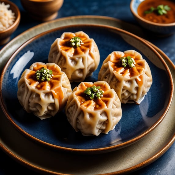three chicken Shumai dumplings on a dark blue plate