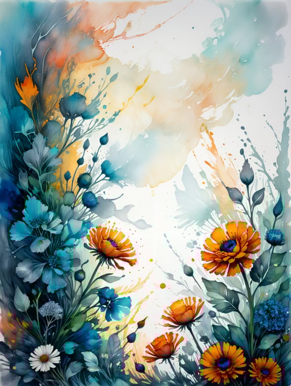 Abstract Illustration of floral design of Rose, Calendula, Sweet alyssum, blue and grey watercolor effect on full White background, Elegant, Botanical, Bright, Blooming, Decorative, Colorful, Gorgeous, Attractive, Delightful, professional artistic, masterpiece