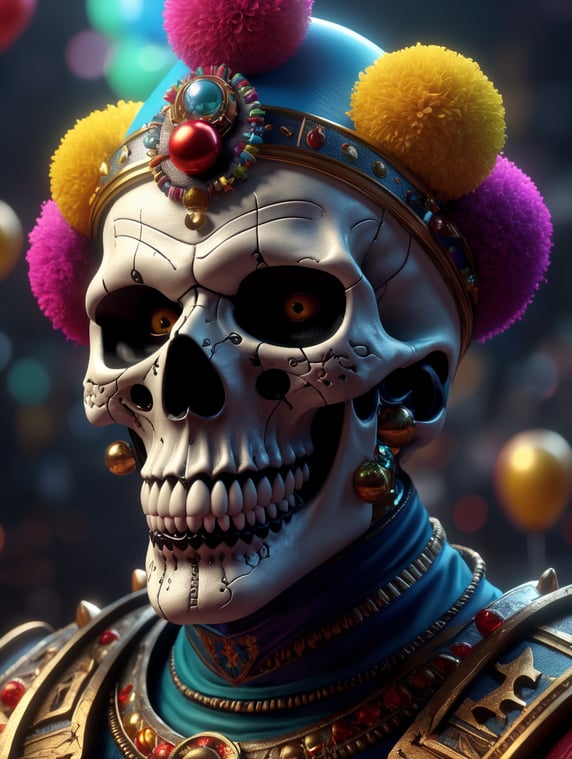 skull clown, high detail, deviantart, artstation, octane render, cinematic, hyper realism, 8k, depth of field, art by Tooth Wu and wlop and beeple and dan mumford and greg rutkowski, artstation, concept art, illustration, vibrant colours