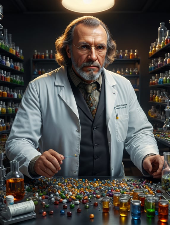 Casimir Funk in a lab with some vitamin capsules on the table, looking at the camera