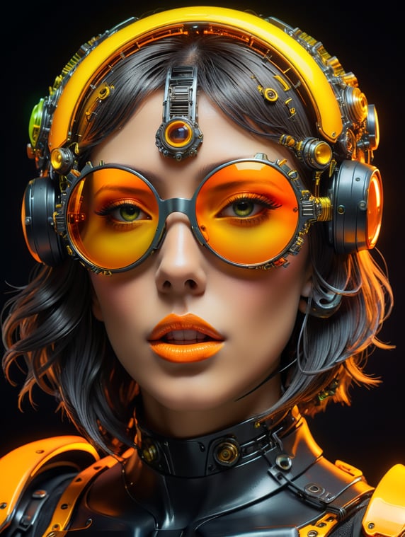a woman is wearing neon sunglasses and a wig, in the style of mechanized abstraction, zbrush, neon-infused digitalism, angelcore, neon lights, yellow and orange, robotic motifs