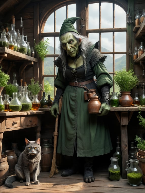 An old witch dressed in dark green, ugly with a big nose and warts, crooked back viewed from the front, grey cat by her feet, by an old wooden table with chemistry flasks and herbs on the table. Inside a wooden cottage with sunshinee coming through the window.