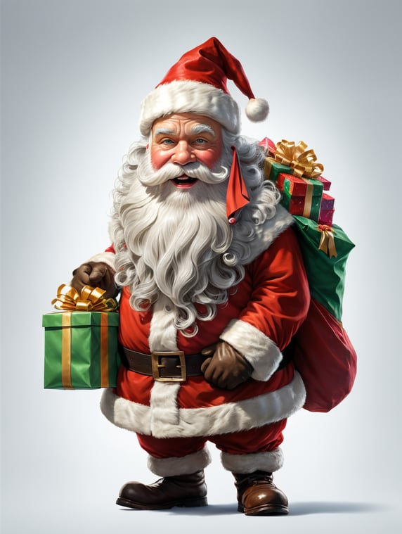 Santa Claus in full height holds a bag of gifts , on a white background, clipart