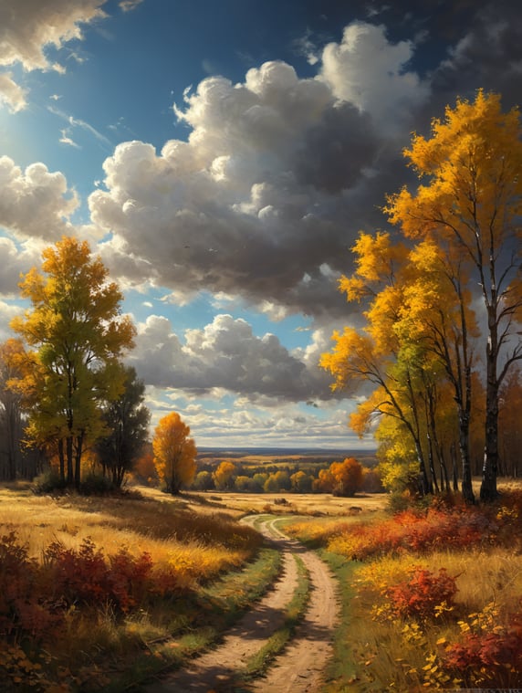 Impressionism style, joy, autumn warm sun, steppe grass, sky clouds, trees yellowing leaves, leaf fall; Стиль импрессионизм, радость, осень тепло солнце, степь трава, небо облака, деревья желтеющие листья, листопад