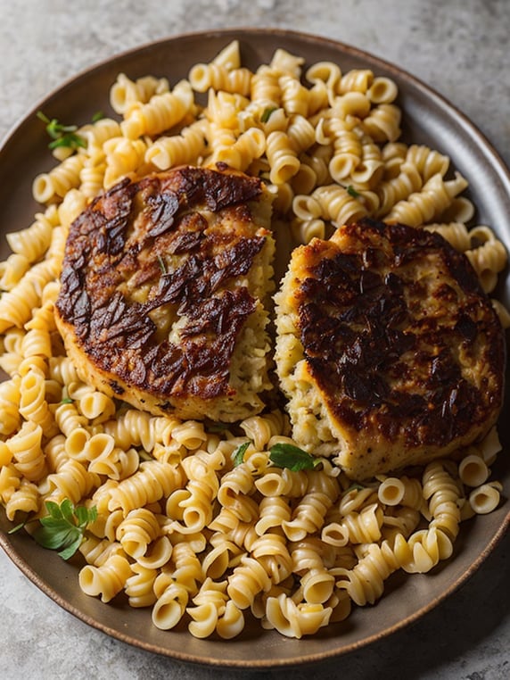 cutlet stuffed with macaroni feathers, macaroni feathers is inside the cutlet, the cutlet is cut in half, pasta feathers is visible in the cut and they are cut to, pasta has a clear cut and circles, the cutlet lies on a plate