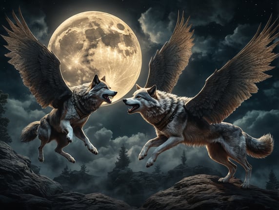 3 flying wolves with wings flying around the moon in a moonlit dark sky at night