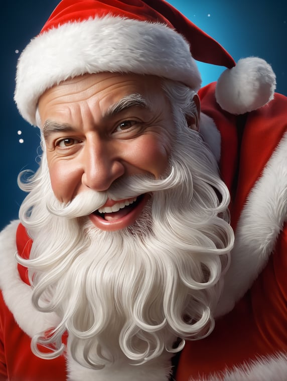 Portrait of Santa Claus smiling, one tooth missing, holdind a white business card, whimsical facial expression, flowing white beard, jolly caricature, saturated colors, red outfit, sharp focus, portrait photography, depth of field, dramatic candlelit lighting, incredibly high detailed, blue background, blurred background,