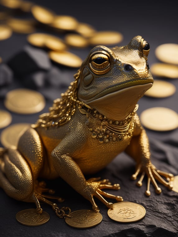 A frog sitting on a mountain of gold coins, dressed in a gold chain and adorned with precious stones, Vivid saturated colors, Contrast color, studio photo, professional photo, Rich colors, Detailed image