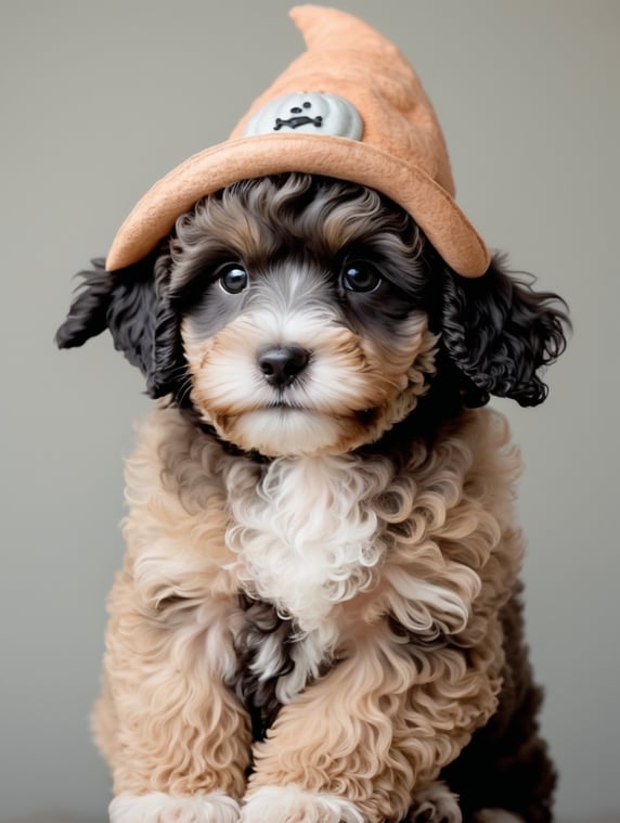 Halloween Maltipoo puppy in apricot color in witch’s hat cute Jack o lantern