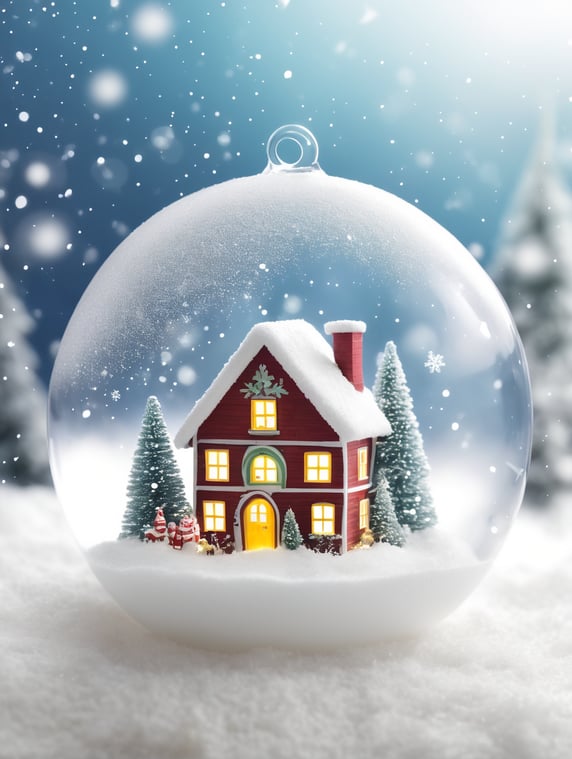 Christmas transparent ball with falling snow and fairy house