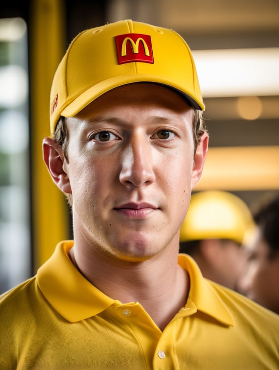 Mark Zuckerberg as a McDonald's worker. Sweat on the forehead and stubble, yellow polo shirt,; Mark Zuckerberg als Mc Donalds Arbeiter. Schweiß auf der Stirn und 3-Tagebart, Gelbes Poloshirt,