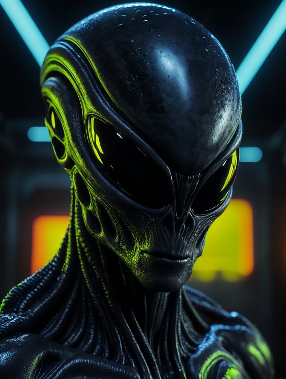 Alien made of black alien liquid, translucent with neon lights, liquid dripping, dark atmosphere