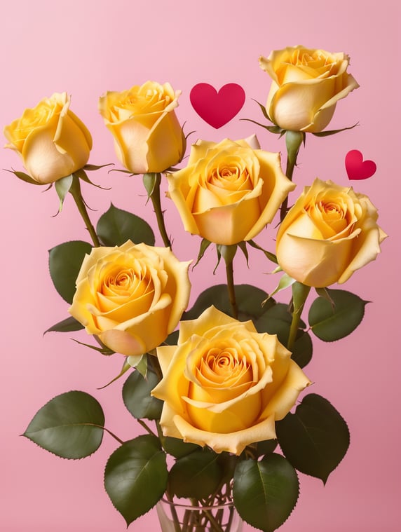 12 yellow roses and hearts for Valentine's Day, pink background