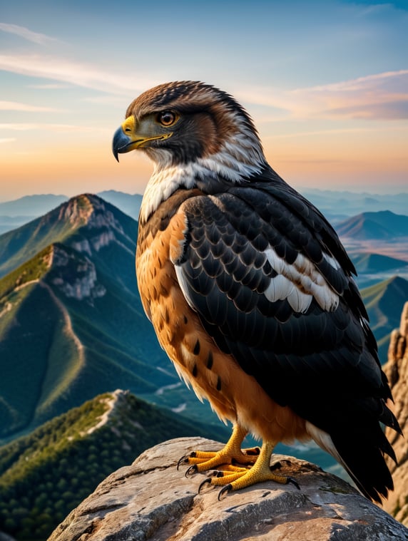 bird hawk looking at the horizon on top of a mountain, ultra-detailed, pastel colors, sharp-eyed