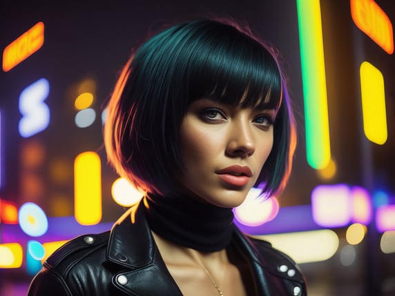 beautiful woman, medium shot, full color photography, very colorful colors in her face, very detailed, high resolution, short straight hair, black hair, short bob hairstyle, dark street, colorful neon lights, backlight, synthwave style colors
