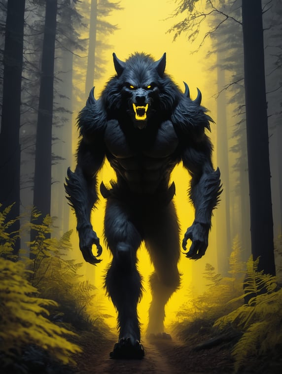 A werewolf walks in the forest, at sunrise, yellow neon light