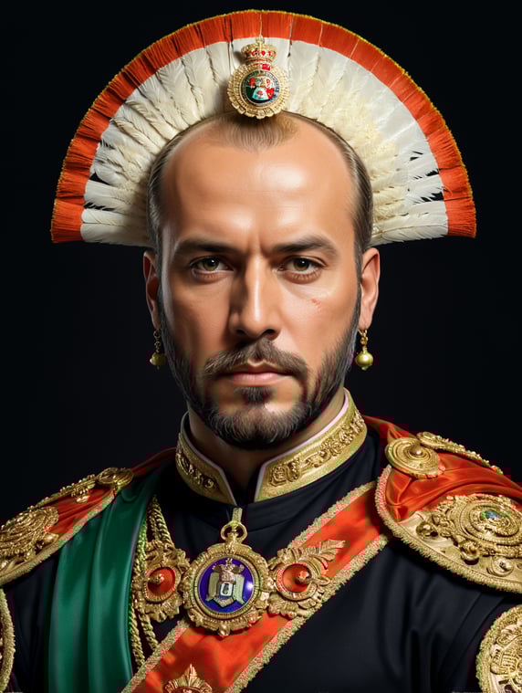 Oil painting of a 34 year old man dressed as the Emperor of Mexico he has the Imperial sash and the imperial insignia he is blond and has a bit of baldness His eyes are blue his beard is big and thick blonde He is handsome the photo is from body from the waist up super detailed portrait in very high quality; Pintura a óleo de um homem de 34 anos vestido como imperador do México ele tem a faixa Imperial e as insígnias imperiais ele é loiro e tem um pouco de calvície Seus olhos são azuis sua barba é loira grande e espessa Ele é bonito a foto é do corpo da cintura para cima retrato super detalhado em altíssima qualidade