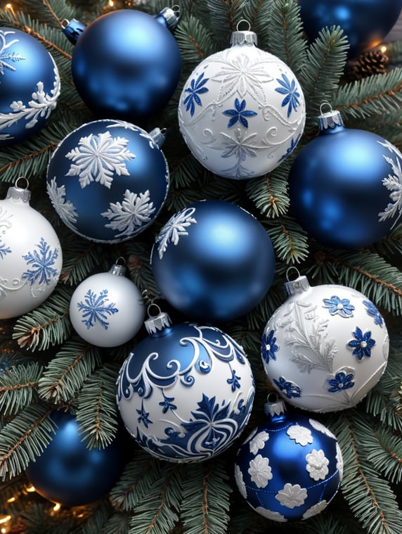 blue and white Christmas balls of different sizes, very close together, on pine branches, top view