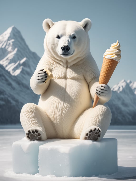 white bear sitting on ice block and holding vanilla ice cream