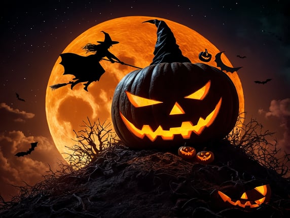 Halloween pumpkin scene, dramatic lighting at night, around the pumpkin, but in the night sky the silhouette of a witch flying on a broomstick, crescent moon and stars. Depth of field neon