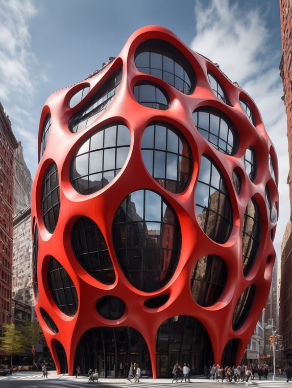 the craziest, bentwood, far view lens architectural modern style hyper realistic hyper detailed neocosmic exterior architecture design of a octopus Fluid complex facade, geometric shapes spectrum, black::1 red:3, Antoine Blanchard architecture art style, in new York city, dramatic ambient, natural lighting