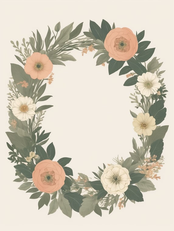 Vintage botanical rounded frame wreath illustration, flower circle frame, wedding day