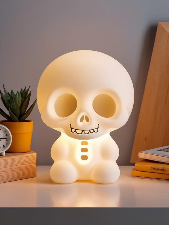 A minimalist silicone lamp lit for a children's room in the shape of a happy skull; Una lámpara minimalista de silicona prendida para una habitación de niños con forma de calaverita feliz