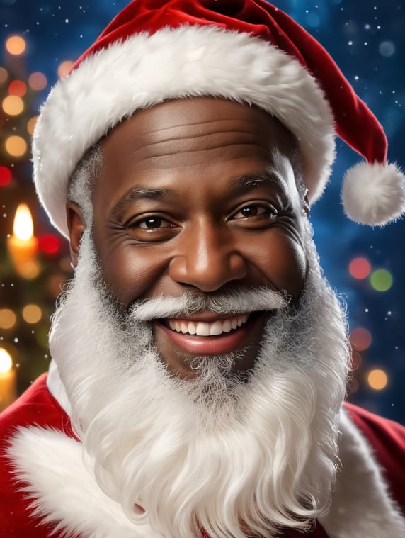 Portrait of a black Santa Claus smiling, whimsical facial expression, flowing white beard, jolly caricature, saturated colors, red outfit, sharp focus, portrait photography, depth of field, dramatic candlelit lighting, incredibly high detailed, blue background, blurred background,