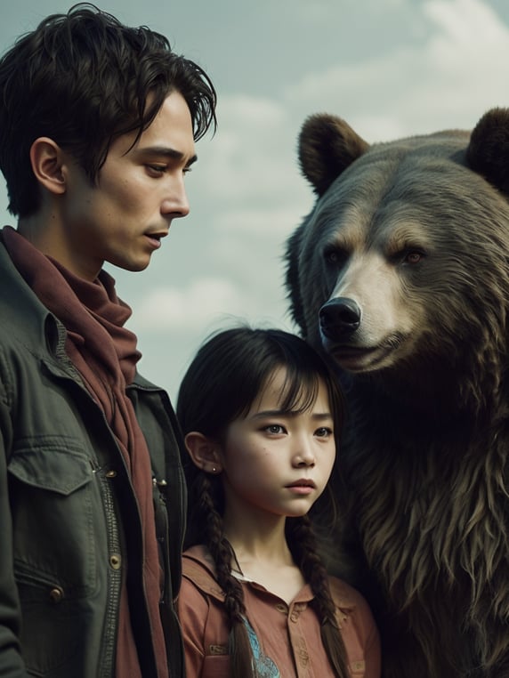 Boy John and girl Sarah strike up a romantic relationship. Their friend Satoshi, a cheerful Chinese man, is standing next to them. In the background is a bear and tokens meme trading market.