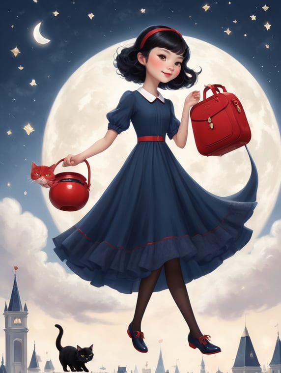 white teenage very beautiful girl with short black hair and a red bowl on her head, wearing a very simple dark blue dress and a red mailman kind of bag on her shoulder. the girl is riding a broom flying in the night sky besides her little black cat