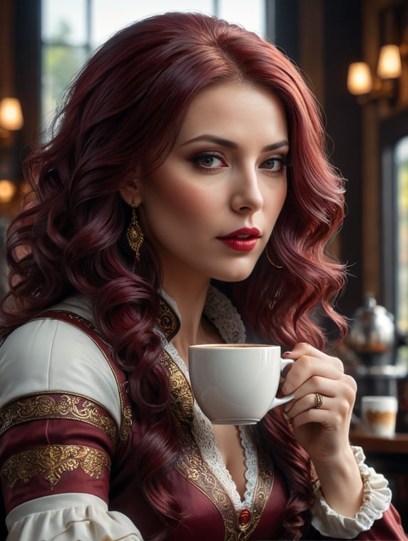 lady drink coffee, maroon hair