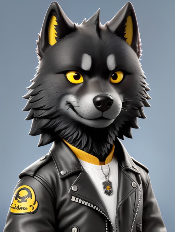 realistic black wolf yellow eyes, rocker, white t-shirt biker leather jacket throughout the body