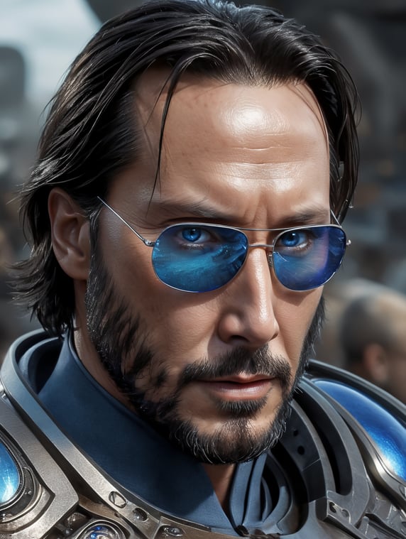 High intelligent person from unknown water planet, shynny metallic chrome skin, blue glass eyes, alike Keanu Reeves