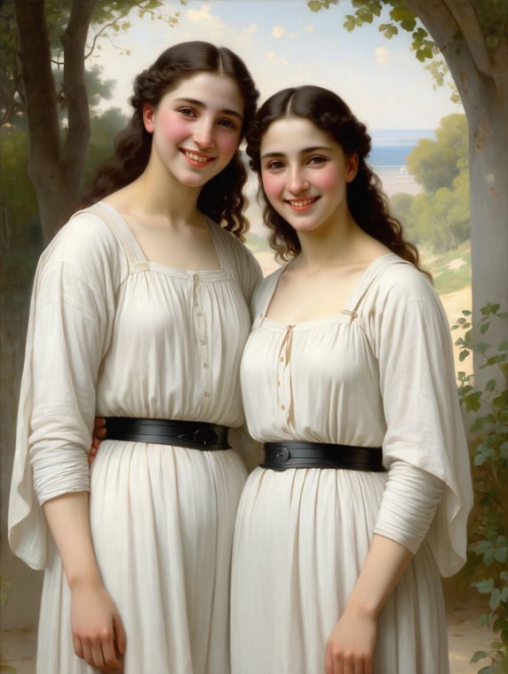 A masterpiece painting by William Adolphe Bouquereau, two women stand, one wearing soft white clothes, the other wearing soft black clothes smiling