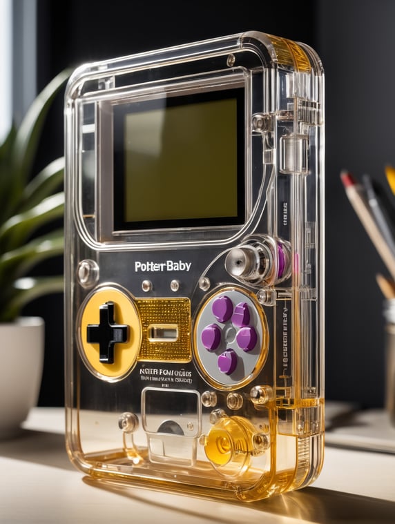 A see through polycarbonate game boy designed by dieter rams. industrial design inspiration. unreal engine render, natural lighting, on desk, beautiful shot