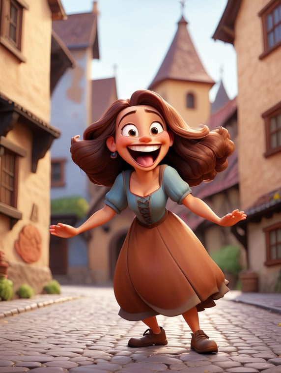 brown excrement character dancing in medieval street. Smiling and happy