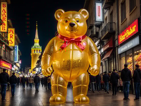 A giant "HARIBO gold bear" tall, walking through istanbul