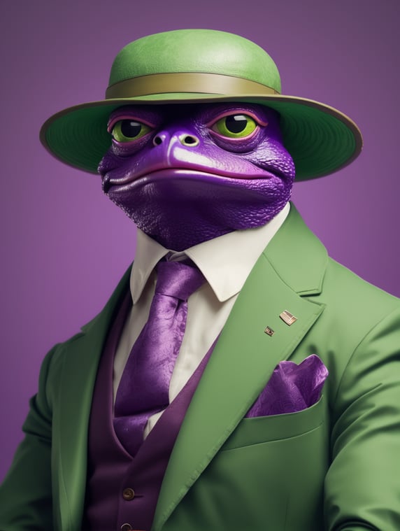 pepe as a bankman with purple and green shade background