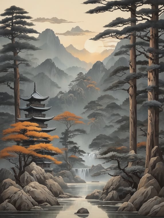 tree wall art screenshot 12, in the style of xu beihong, nature-inspired art nouveau, james bullough, brian kesinger, light brown and gray, japanese-style landscapes, oil painting