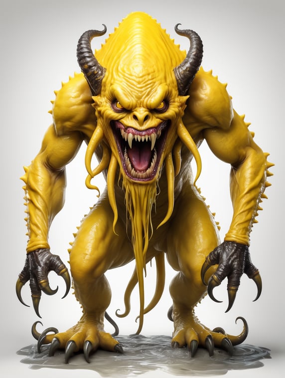 full body portrait of a yellow maniacal cyclops monster, slimy skin, tentacles, fangs, photorealistic, Goosebumps art style, on a blank white backdrop