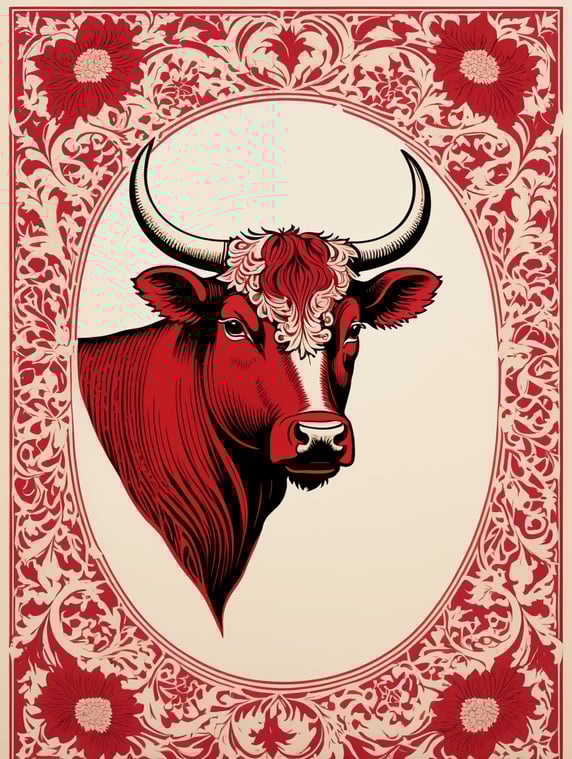 duochrome ink red on cream letterpress print of folk bull and flowers ornate frame design, empty space in middle for text, in the style of William Morris