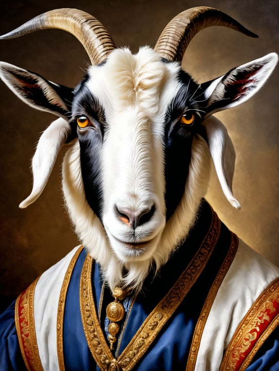 A masterpiece painting by Rembrandt Van Rijn, a Portrait of a goat wearing the typical clothes of the time, Renaissance painting style, 2 3 view, simple background, waist upwards, highly detailed, high contrast
