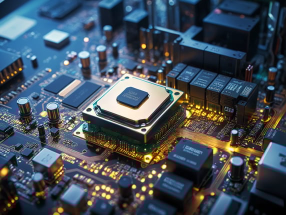 Circuit Board CPU Processor Starting Digitalization Process and Information Computing, Processing Bits of Data. Computer Graphics, Special Visual Effects, Animation