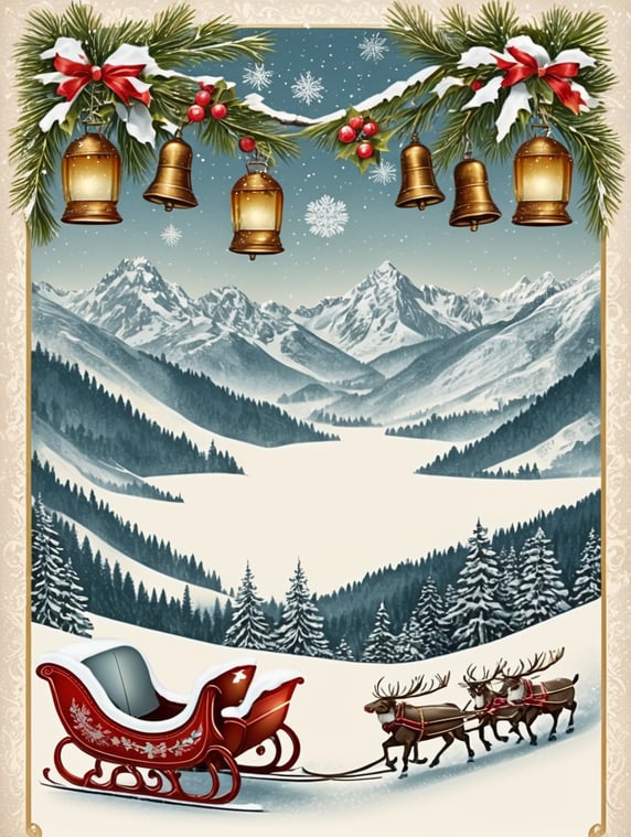 Austrian, Tyrol vintage Christmas postcard illustration brimming with nostalgic winter scenes, adorned with sleigh bells and delicate snowflakes