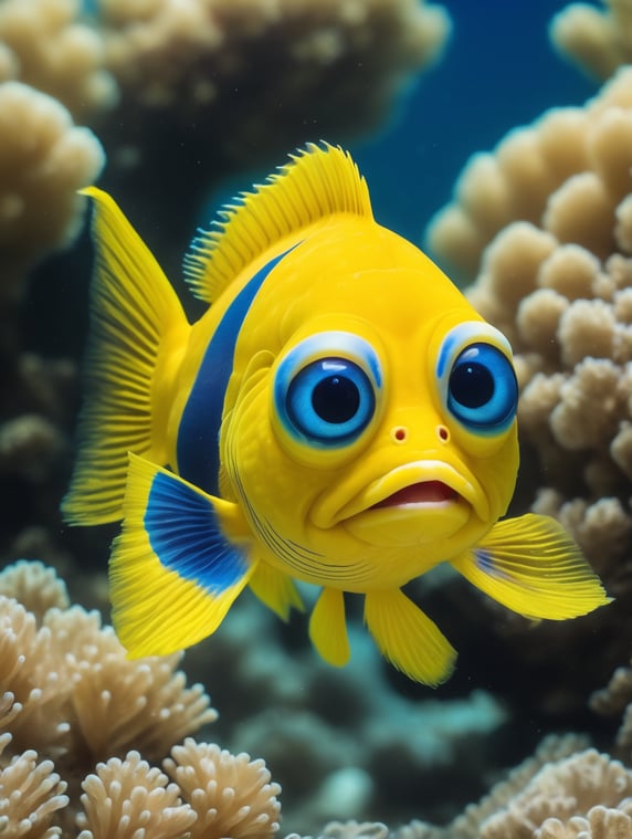 a beautiful and fluffy yellow fish with blue stripes, with big eyes, smiling