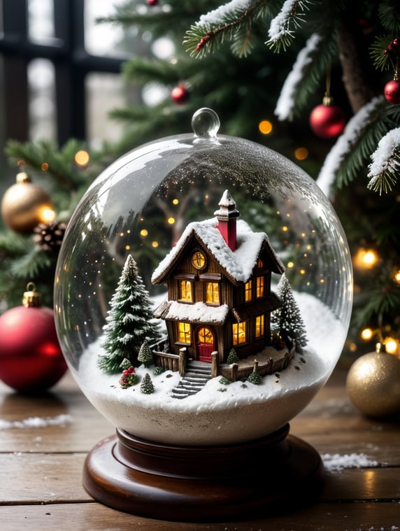 Christmas transparent ball with falling snow and fairy house, Santa, Christmas three