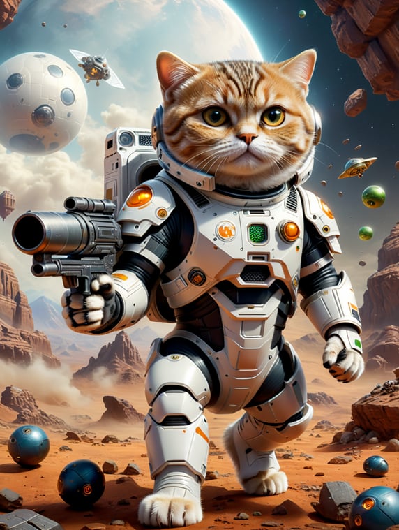 A 3d render of funny cute Scottish Fold cat armed with ghost capture gun in style of Clash of Clans. Wearing a futuristic space suit with a jetpack. Stands proudly on a dead monster and a captured aliens in a bottles. Looking dignified but a bit angry. Add some scattered Mars stones around. Floats gracefully in zero gravity on a piece of Mars cut out. Soft colour background studio, photorealistic, Pixar style