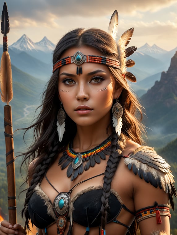 amazingly detailed, masterpiece, ultra hd, long shot, dynamic angle, (((1girl))), stunning amazon warrior, standing on a mountain looking at a valley below, horse, eagle feathers, moccasins, buckskin clothing, regalia, dreamtime, pow wow, teepee, campfire, smokey eye shadow, high detail skin, high detail eyes, seductive eyes, smokey makeup, high detail hair, slender body, toned body, perfect face, slim athletic body, (perky small breasts:0. 75), dawn lighting, (cold attitude, eyeshadow, eyeliner:1. 6), (Native American:0. 6, french:0. 2, italian:), beautiful girl, model girl, 21 years old, heroic, fantasy, dreamy, beautiful, dramatic lighting, shallow depth of field, Ultra-realistic, epic,